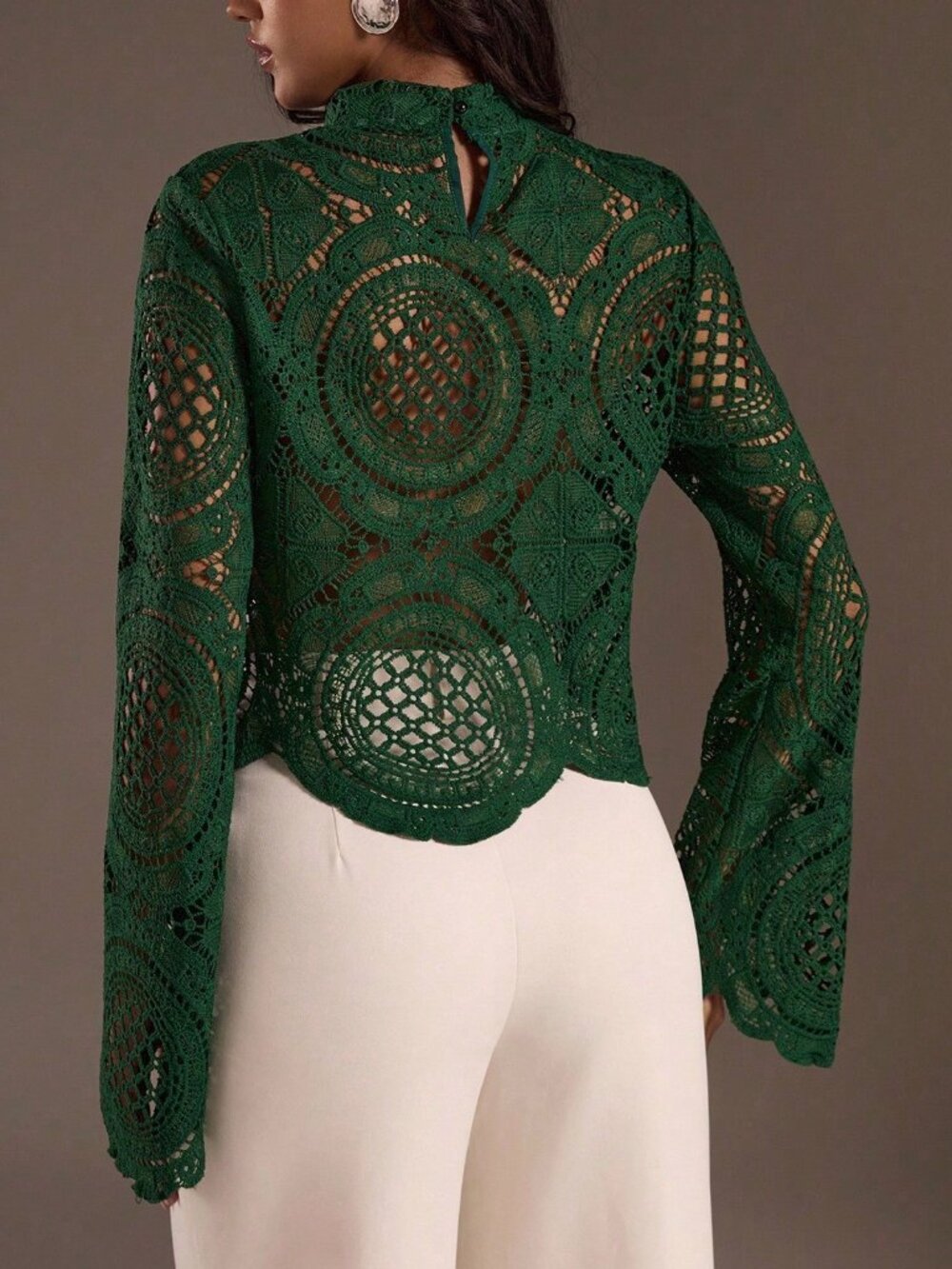 Dark Green Casual Women's Long Sleeve See-Through Top - Picture 2 of 6